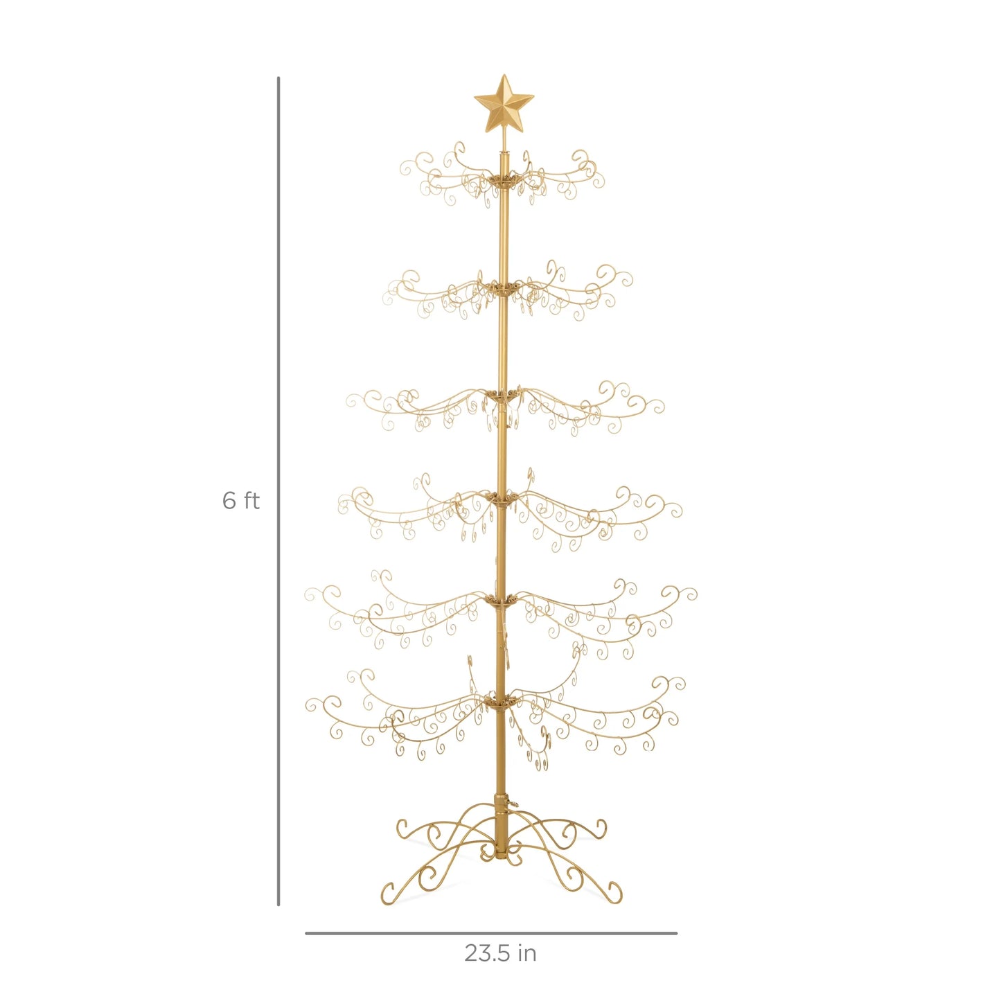 6Ft Wrought Iron Ornament Display Christmas Tree W/ Easy Assembly, Stand - Gold
