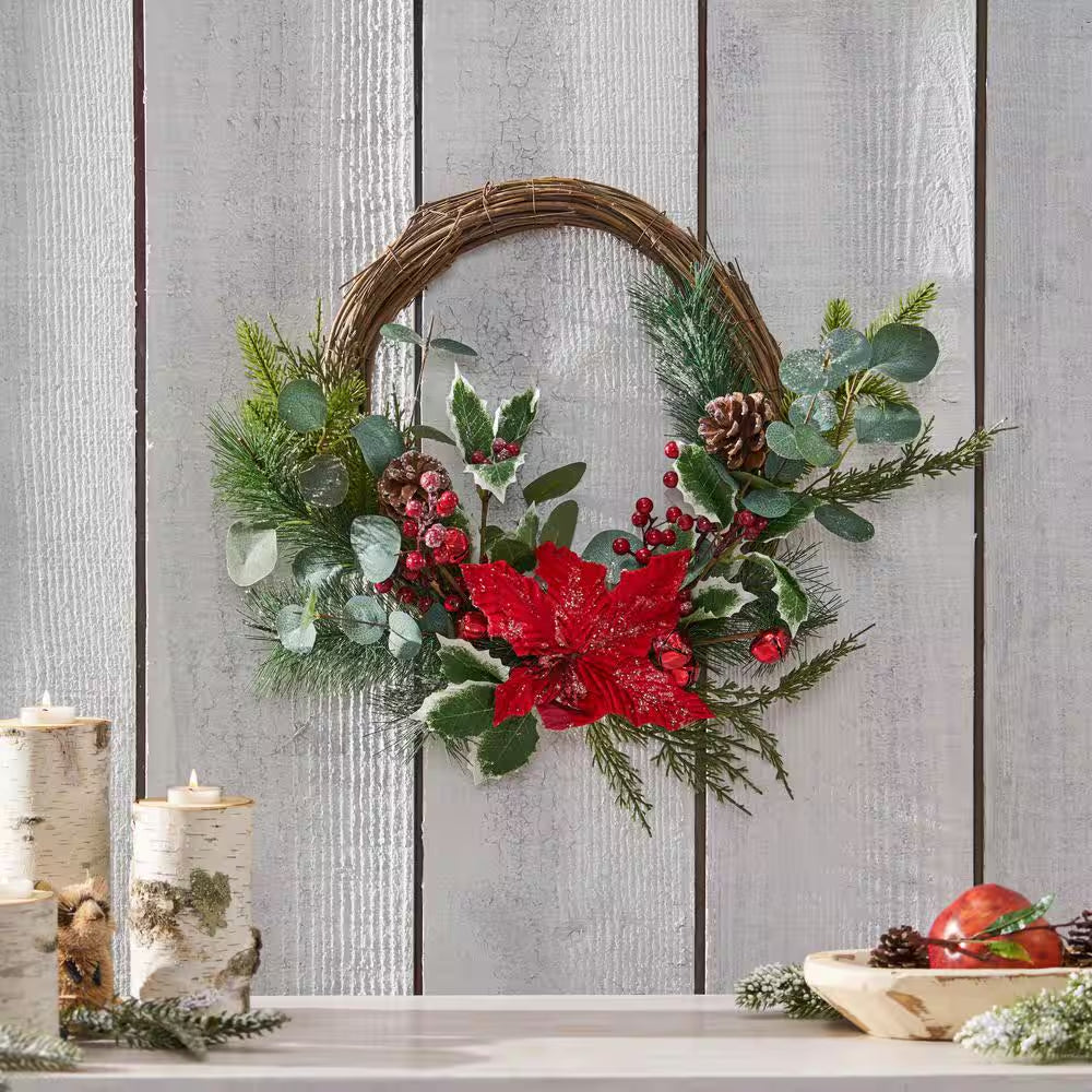 Wallsten 23.5 In. Eucalyptus Artificial Christmas Wreath with Poinsettia and Berries