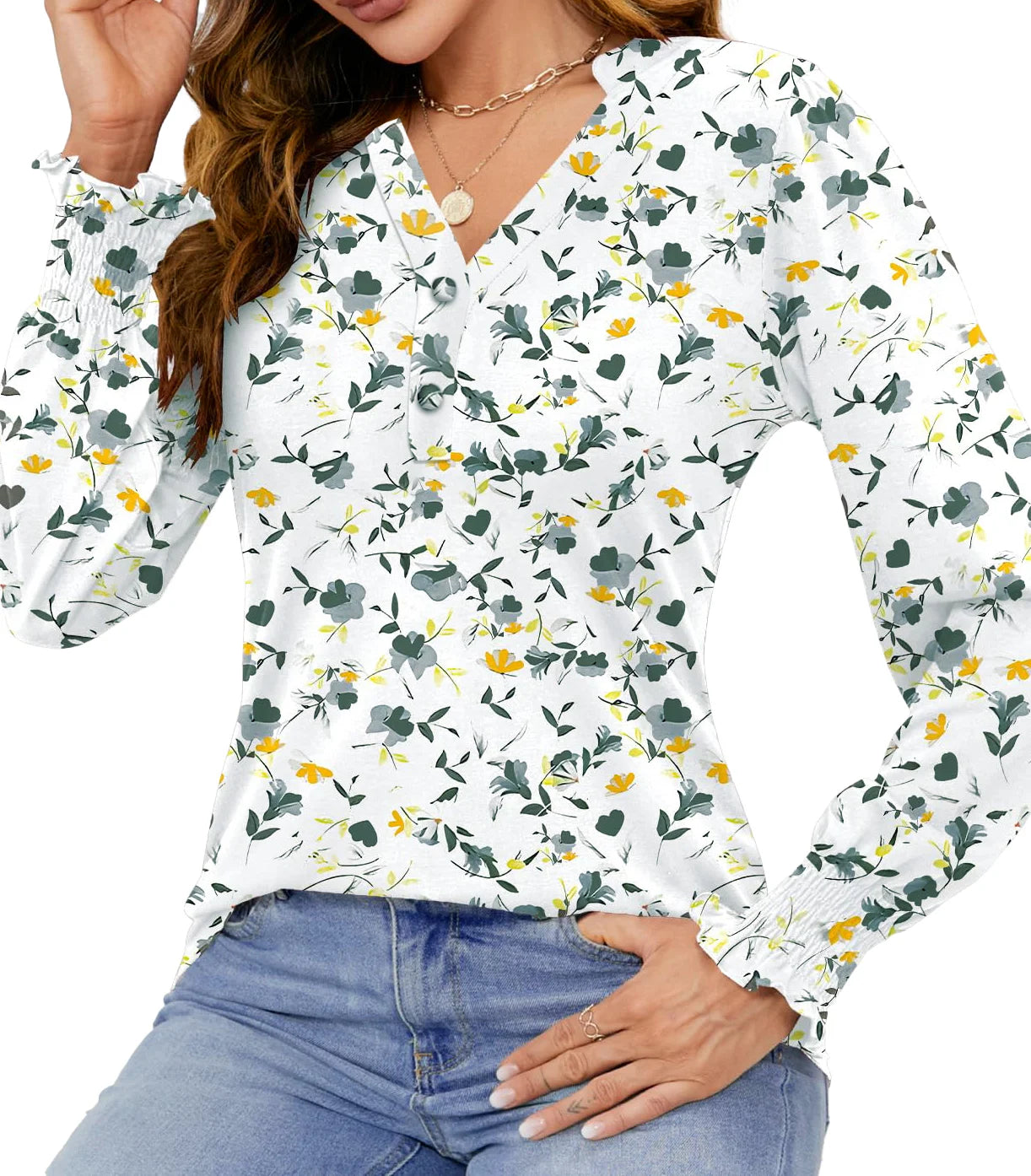 Womens Tops Dressy Blouses V Neck Puff Long Sleeve Tunic Tops Button Fall Shirts