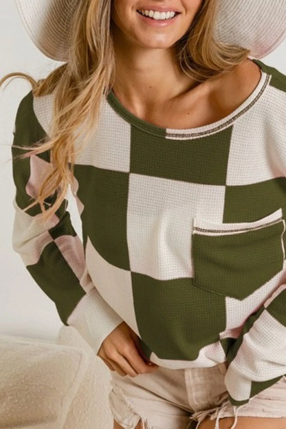 Bibi Checker Printed Hacci Top with Front Pocket