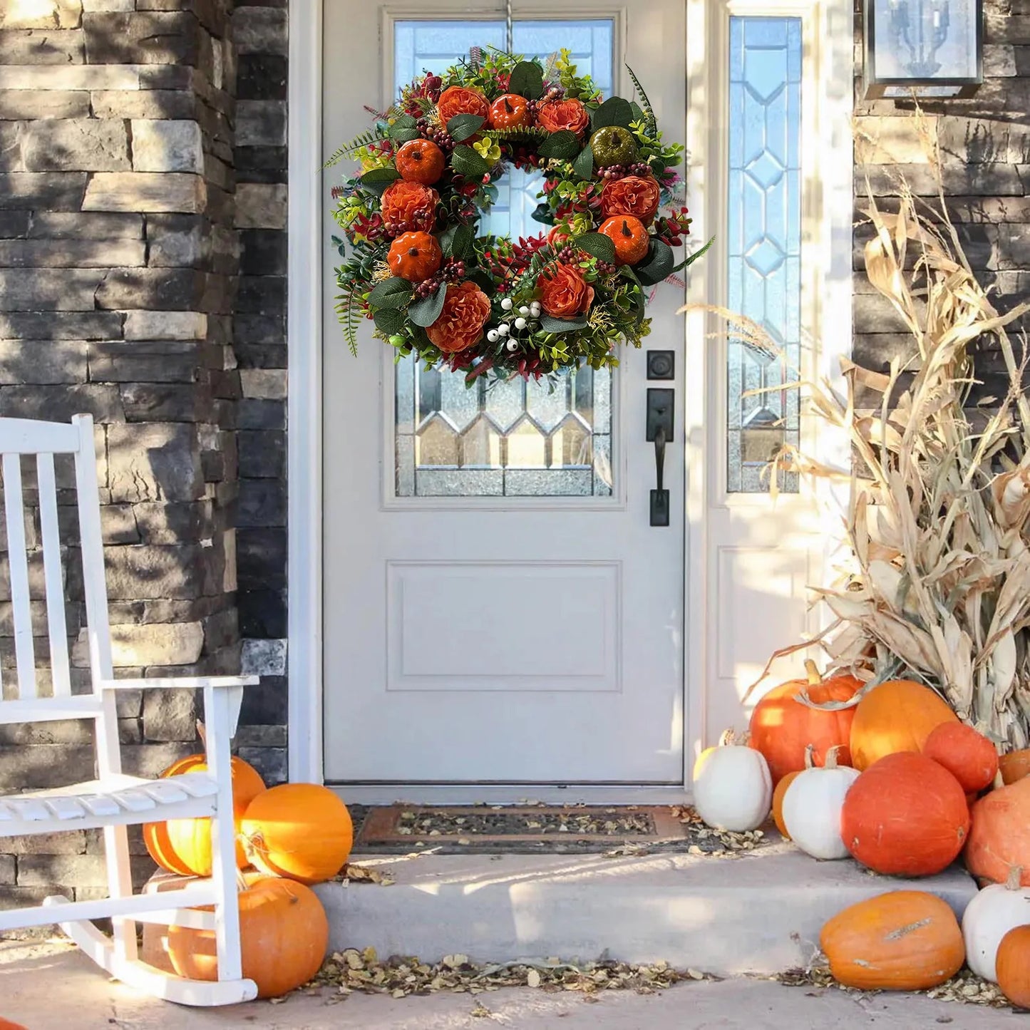 Artificial Fall Wreath Peony Pumpkin Maple Leaves Wreath Fall Harvest Wreaths for Thanksgiving Halloween Front Door Wall Decor