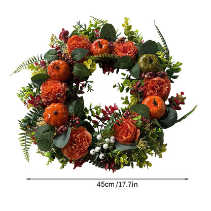 Artificial Fall Wreath Peony Pumpkin Maple Leaves Wreath Fall Harvest Wreaths for Thanksgiving Halloween Front Door Wall Decor