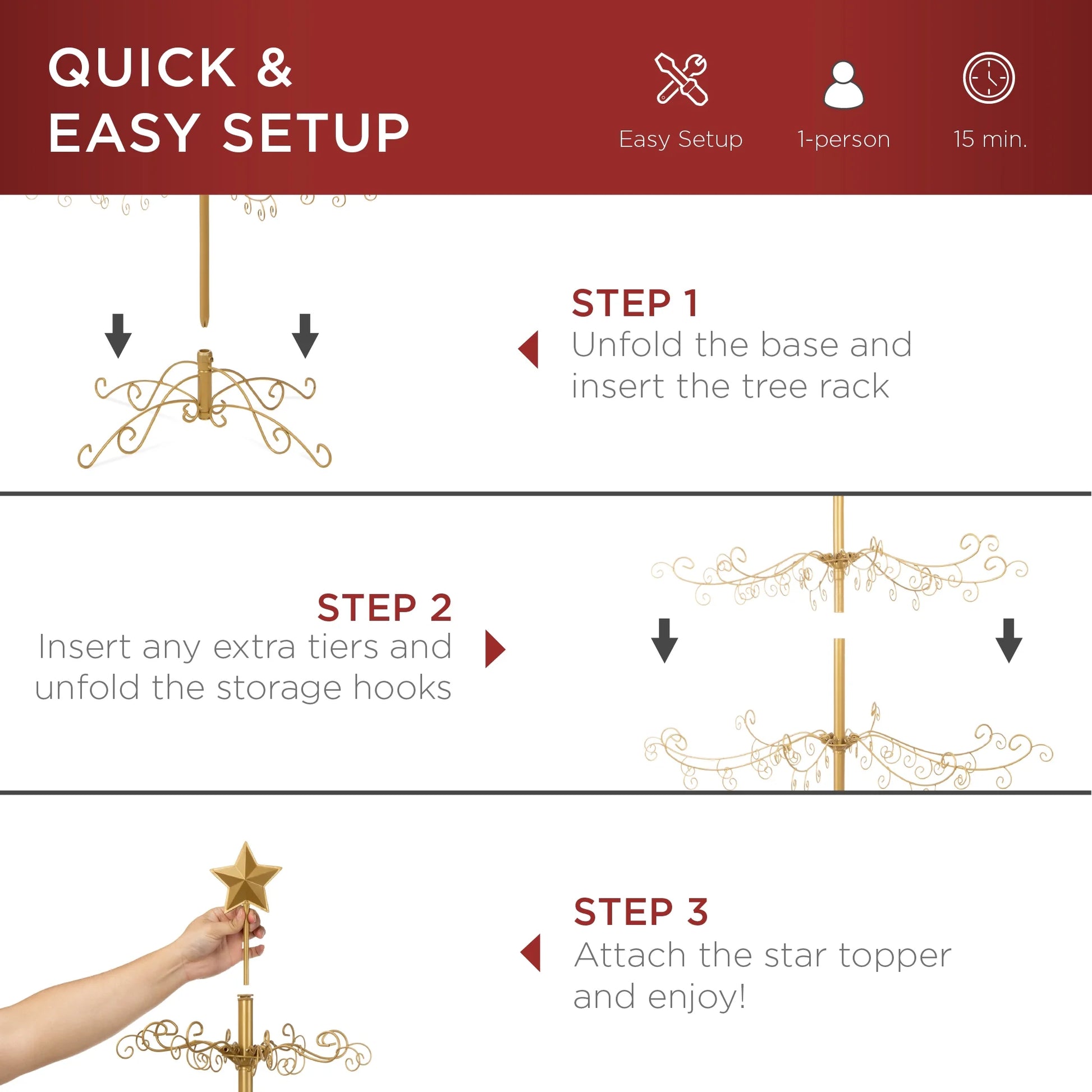 6Ft Wrought Iron Ornament Display Christmas Tree W/ Easy Assembly, Stand - Gold