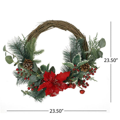 Wallsten 23.5 In. Eucalyptus Artificial Christmas Wreath with Poinsettia and Berries