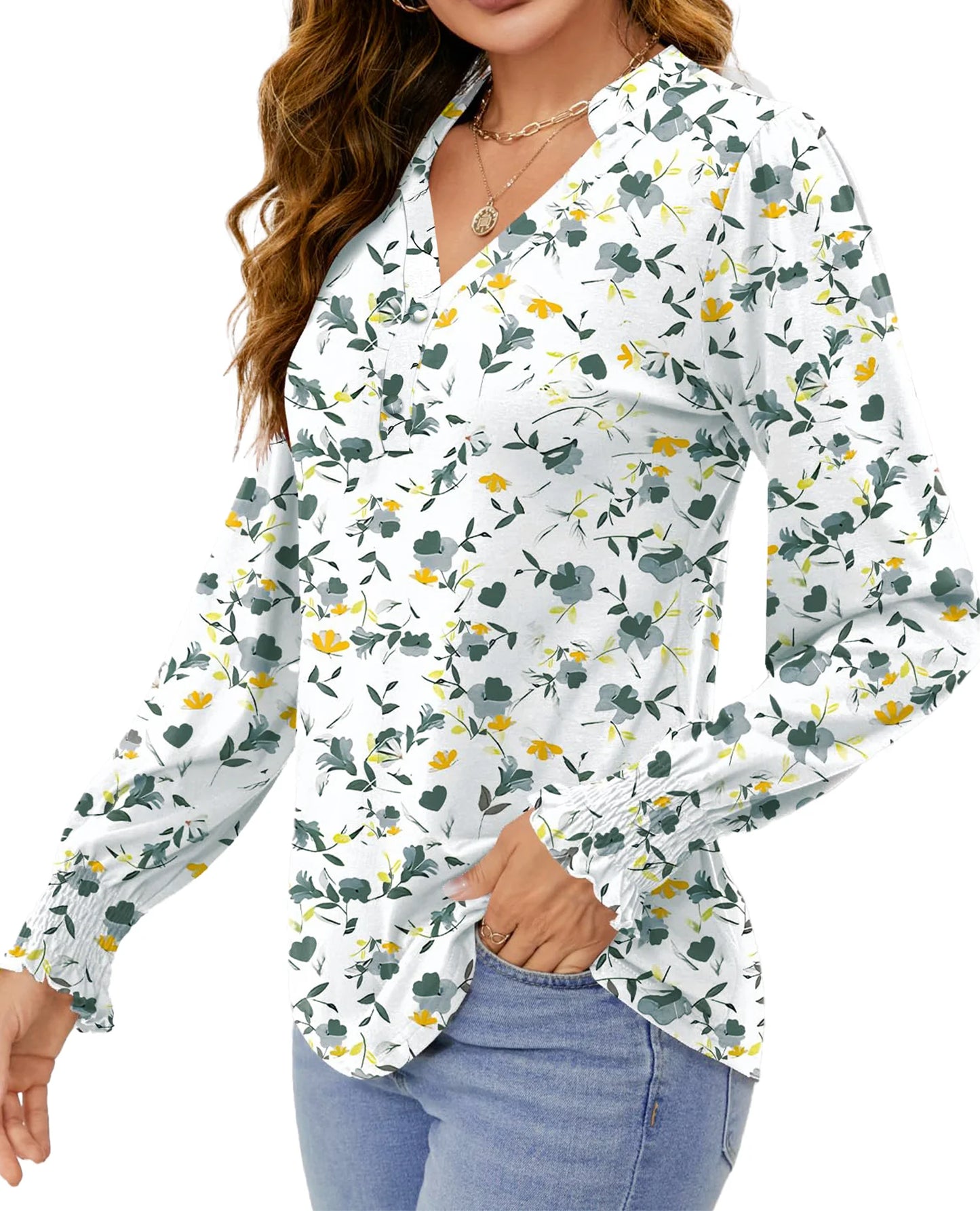 Womens Tops Dressy Blouses V Neck Puff Long Sleeve Tunic Tops Button Fall Shirts