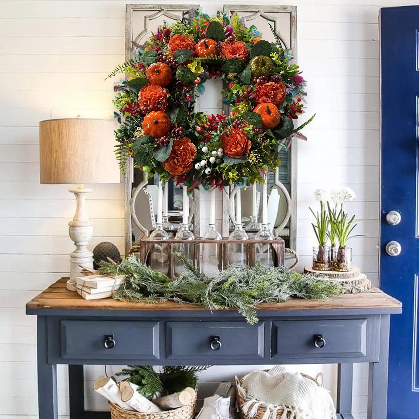 Artificial Fall Wreath Peony Pumpkin Maple Leaves Wreath Fall Harvest Wreaths for Thanksgiving Halloween Front Door Wall Decor
