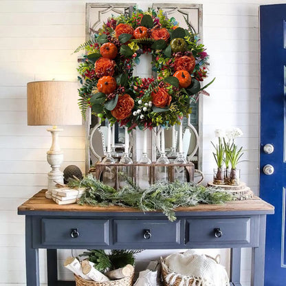 Artificial Fall Wreath Peony Pumpkin Maple Leaves Wreath Fall Harvest Wreaths for Thanksgiving Halloween Front Door Wall Decor