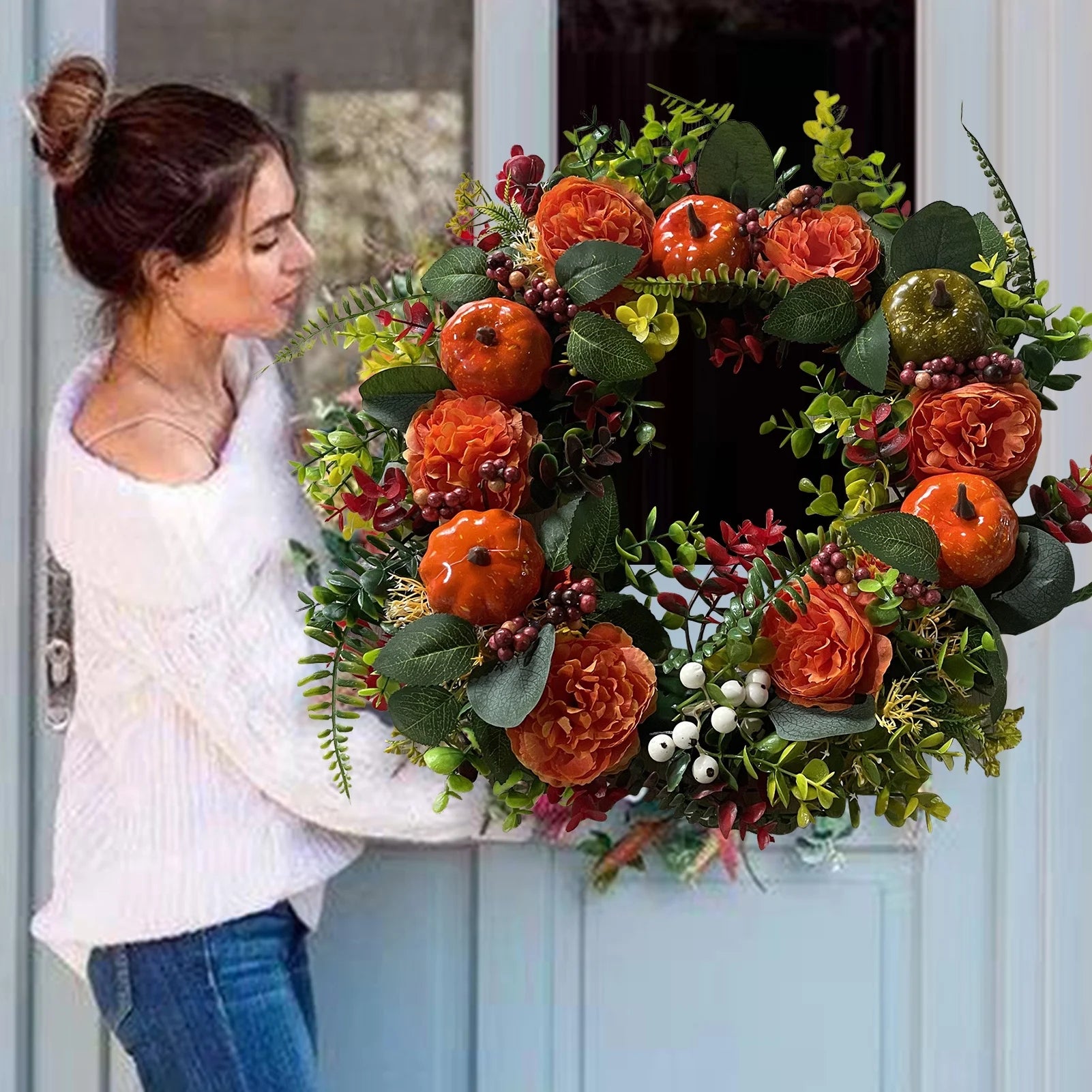Artificial Fall Wreath Peony Pumpkin Maple Leaves Wreath Fall Harvest Wreaths for Thanksgiving Halloween Front Door Wall Decor