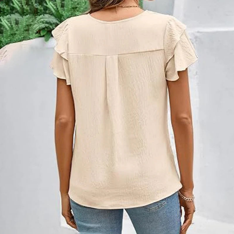 Women Ruffle Short Sleeve Shirts Dressy Casual Crewneck Tops