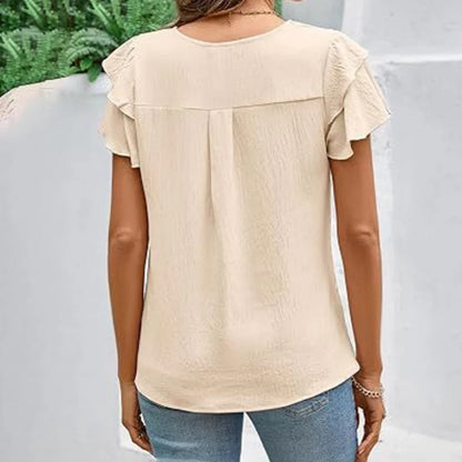 Women Ruffle Short Sleeve Shirts Dressy Casual Crewneck Tops