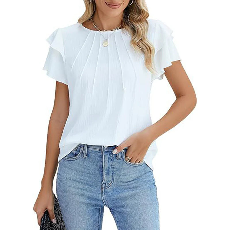 Women Ruffle Short Sleeve Shirts Dressy Casual Crewneck Tops
