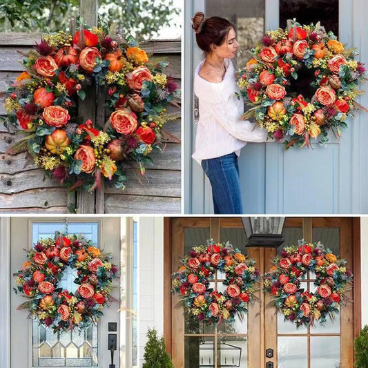 Artificial Fall Wreath Peony Pumpkin Maple Leaves Wreath Fall Harvest Wreaths for Thanksgiving Halloween Front Door Wall Decor