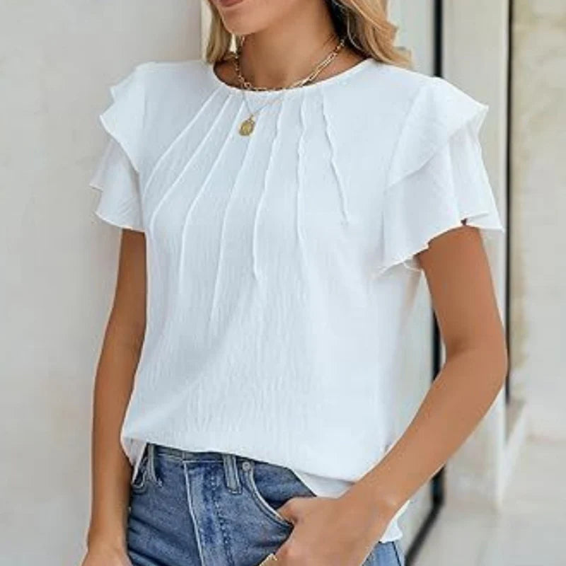 Women Ruffle Short Sleeve Shirts Dressy Casual Crewneck Tops