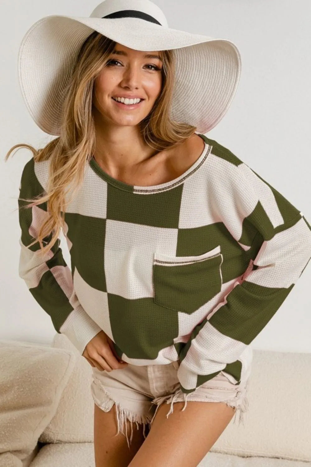 Bibi Checker Printed Hacci Top with Front Pocket