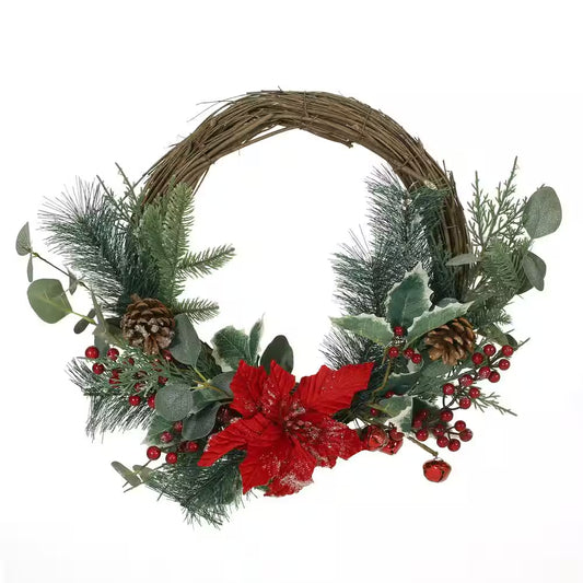 Wallsten 23.5 In. Eucalyptus Artificial Christmas Wreath with Poinsettia and Berries