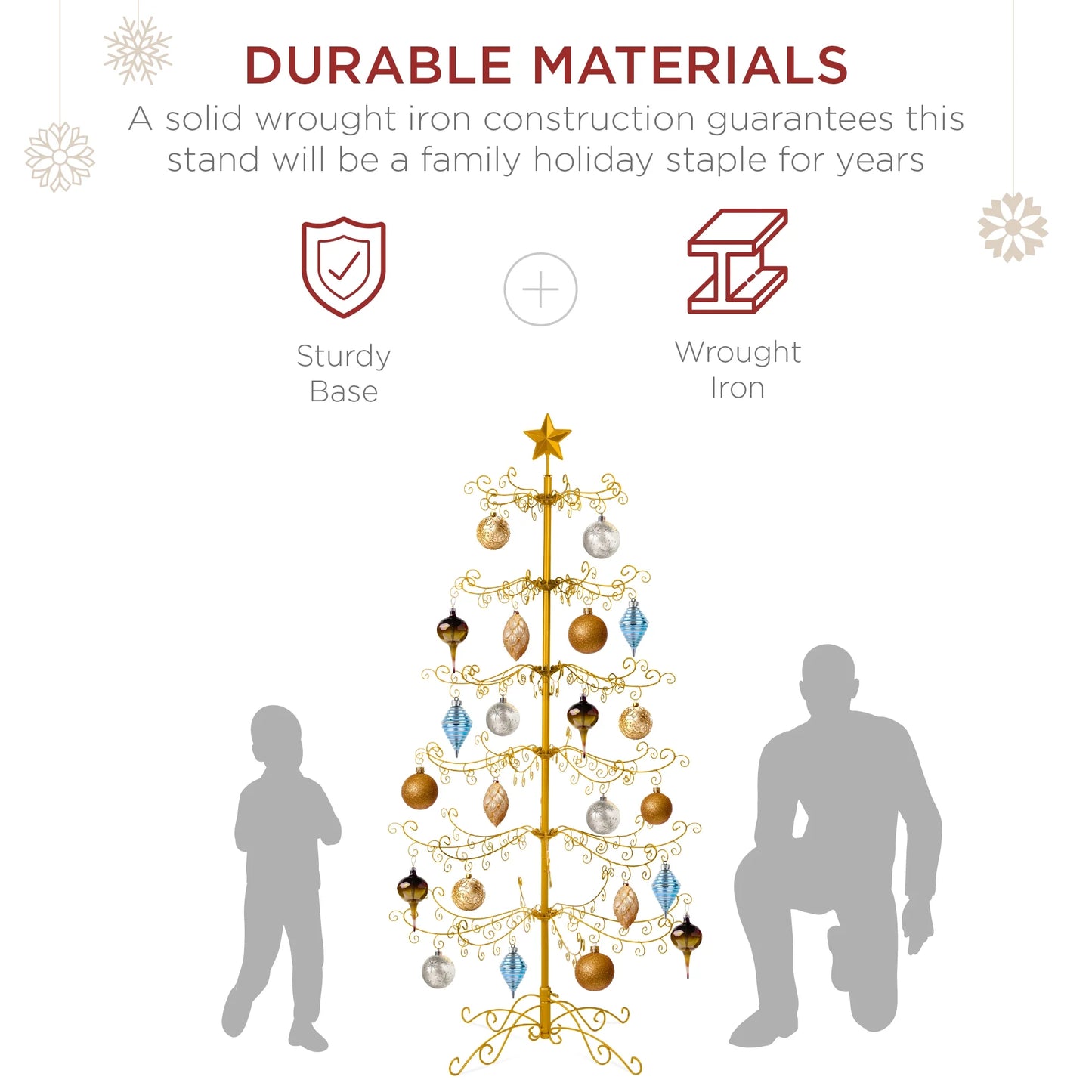 6Ft Wrought Iron Ornament Display Christmas Tree W/ Easy Assembly, Stand - Gold