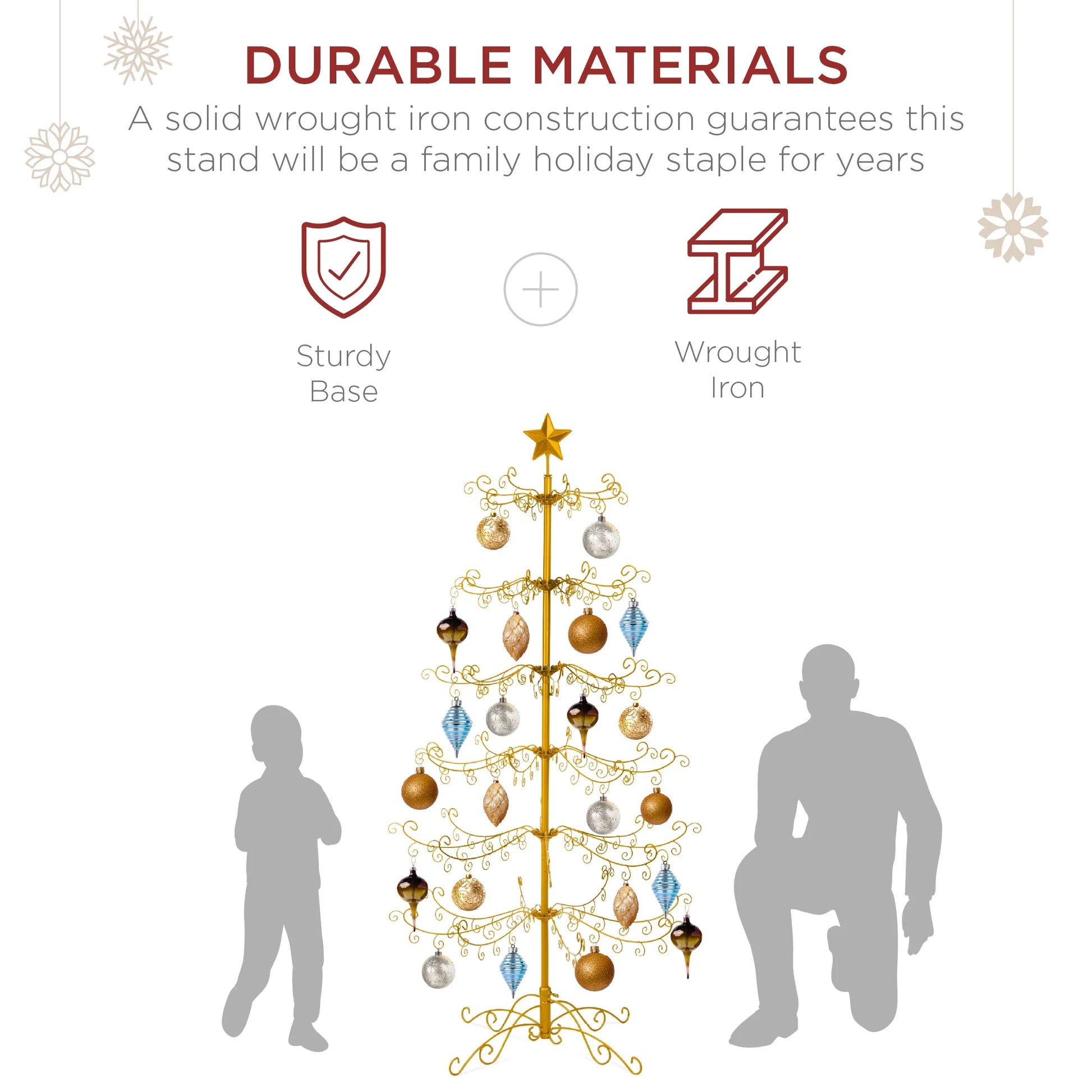 6Ft Wrought Iron Ornament Display Christmas Tree W/ Easy Assembly, Stand - Gold