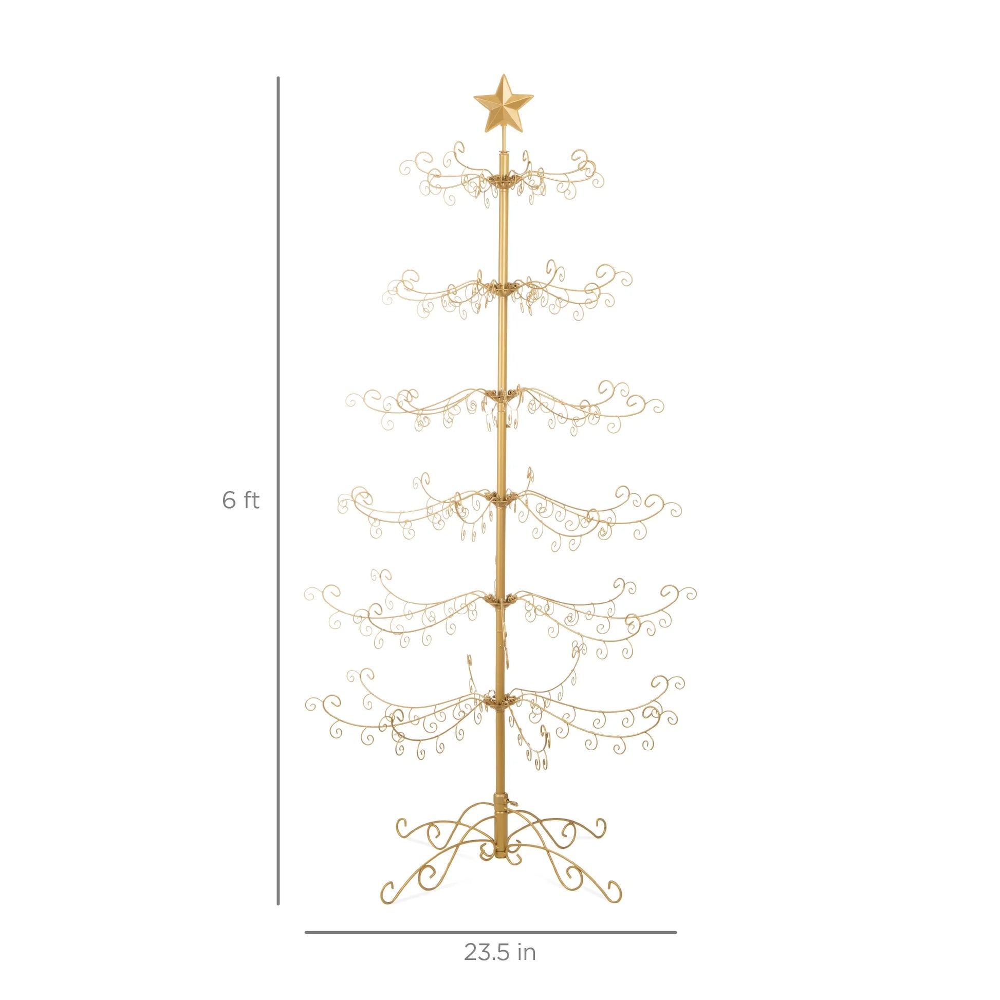 6Ft Wrought Iron Ornament Display Christmas Tree W/ Easy Assembly, Stand - Gold