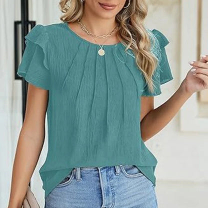 Women Ruffle Short Sleeve Shirts Dressy Casual Crewneck Tops