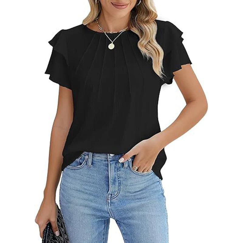 Women Ruffle Short Sleeve Shirts Dressy Casual Crewneck Tops