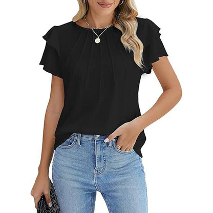 Women Ruffle Short Sleeve Shirts Dressy Casual Crewneck Tops