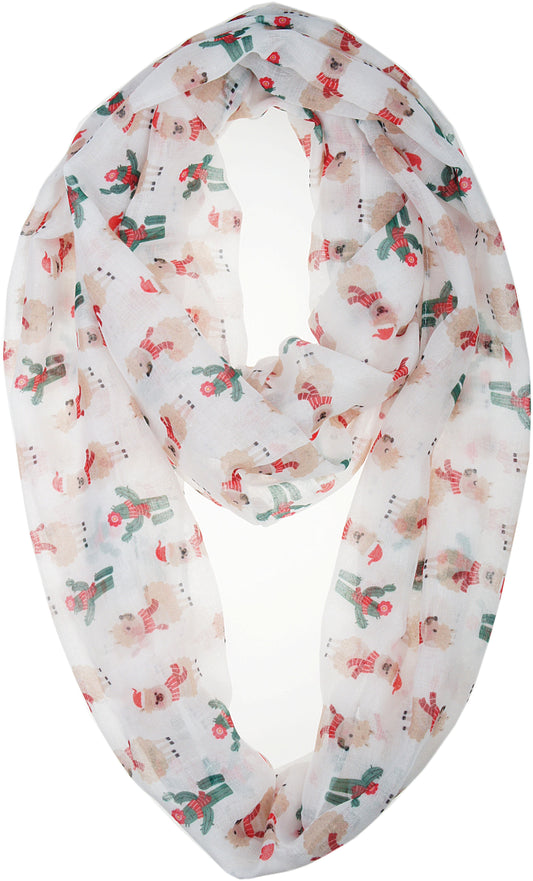 Soft Lightweight Sheer Fall Winter Christmas Infinity Scarf for Women, Cozy Holiday Gift for Girls Teens White Llama and Cactus