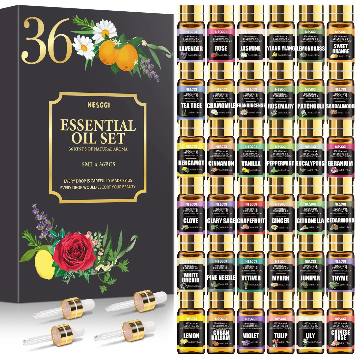 Essential Oils Gift Set for Diffuser Humidifier Aromatherapy - 100% Natural Essential Oils 36 x 5ML