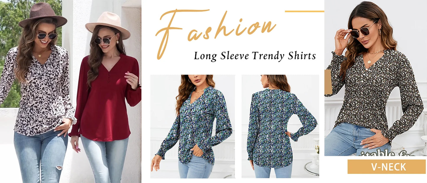 Womens Tops Dressy Blouses V Neck Puff Long Sleeve Tunic Tops Button Fall Shirts