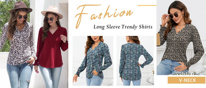 Womens Tops Dressy Blouses V Neck Puff Long Sleeve Tunic Tops Button Fall Shirts