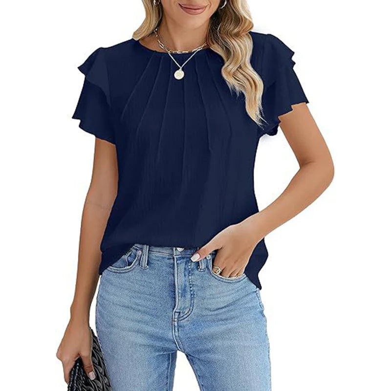Women Ruffle Short Sleeve Shirts Dressy Casual Crewneck Tops