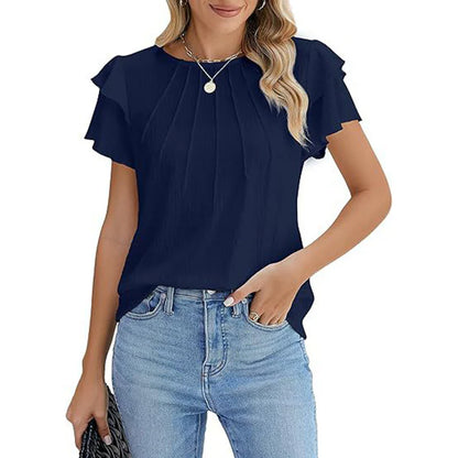 Women Ruffle Short Sleeve Shirts Dressy Casual Crewneck Tops
