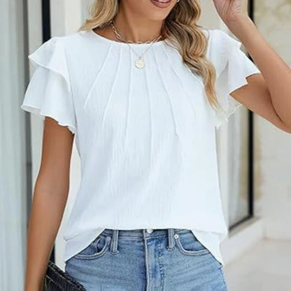 Women Ruffle Short Sleeve Shirts Dressy Casual Crewneck Tops