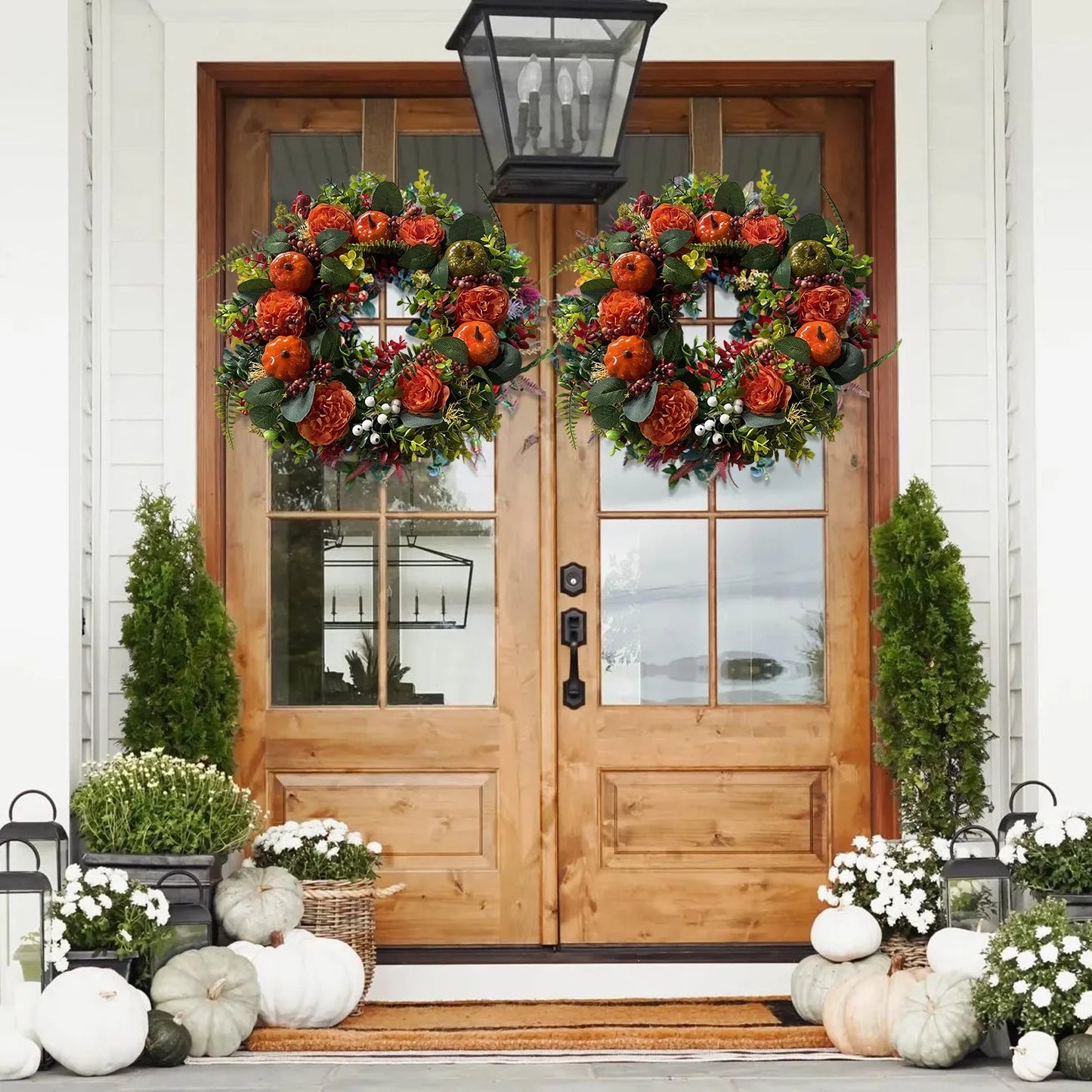 Artificial Fall Wreath Peony Pumpkin Maple Leaves Wreath Fall Harvest Wreaths for Thanksgiving Halloween Front Door Wall Decor