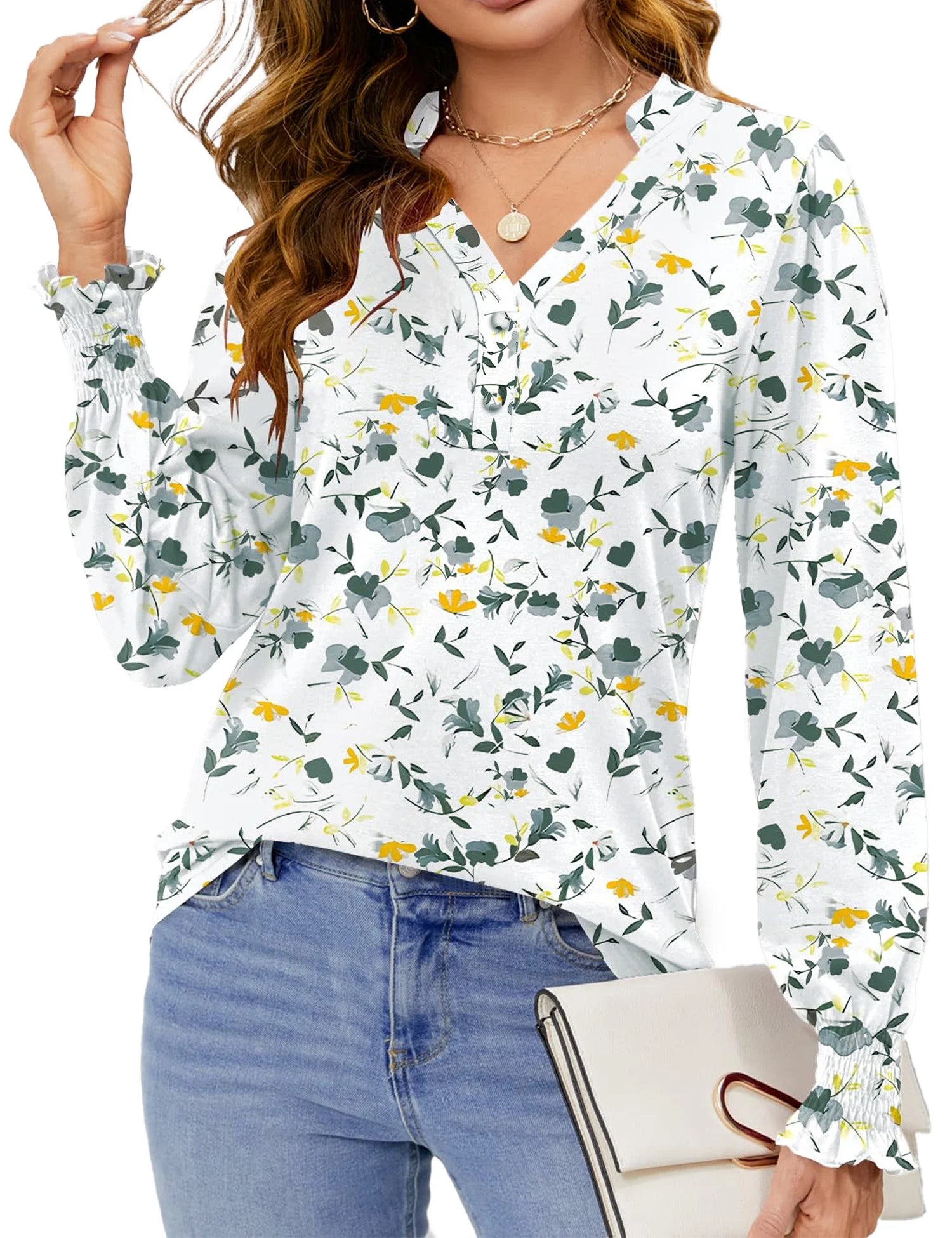 Womens Tops Dressy Blouses V Neck Puff Long Sleeve Tunic Tops Button Fall Shirts