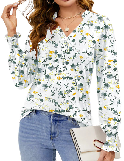 Womens Tops Dressy Blouses V Neck Puff Long Sleeve Tunic Tops Button Fall Shirts
