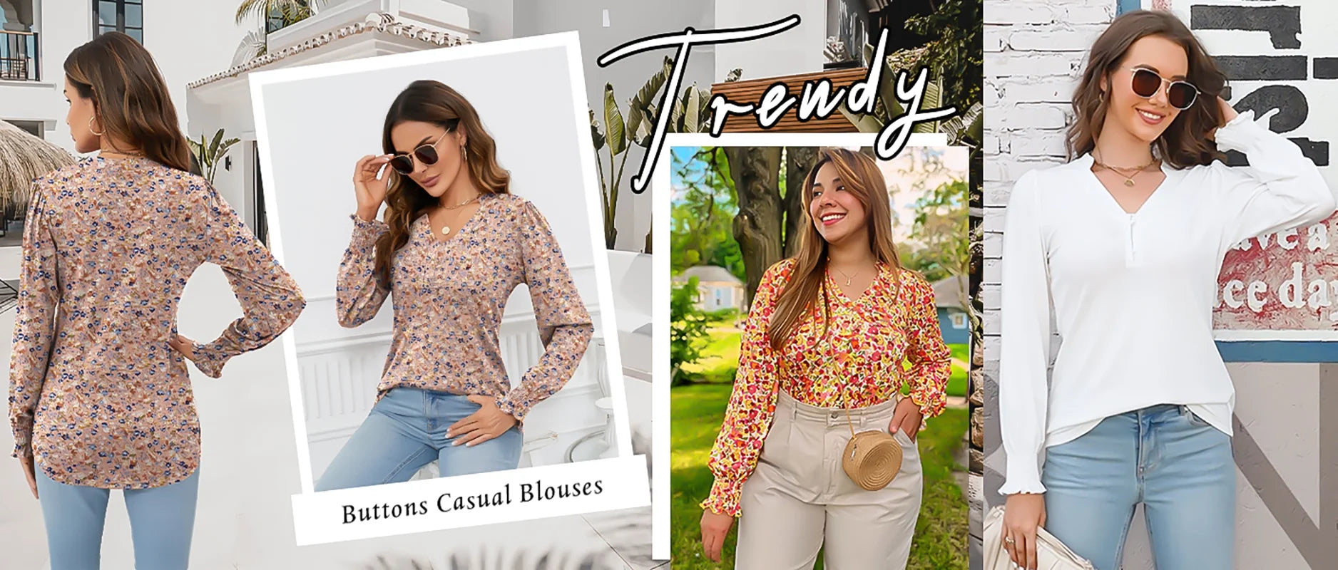 Womens Tops Dressy Blouses V Neck Puff Long Sleeve Tunic Tops Button Fall Shirts