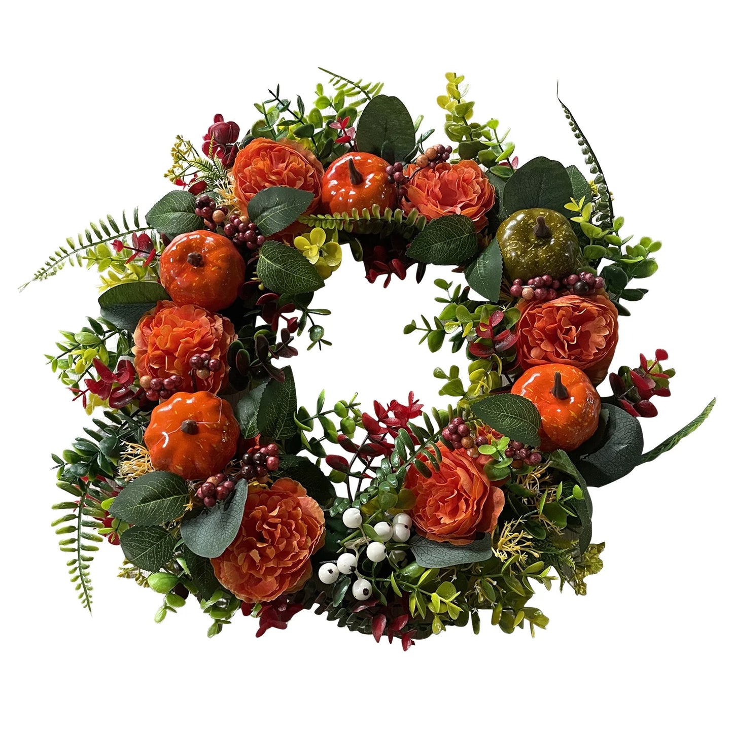 Artificial Fall Wreath Peony Pumpkin Maple Leaves Wreath Fall Harvest Wreaths for Thanksgiving Halloween Front Door Wall Decor