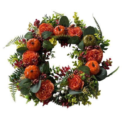 Artificial Fall Wreath Peony Pumpkin Maple Leaves Wreath Fall Harvest Wreaths for Thanksgiving Halloween Front Door Wall Decor