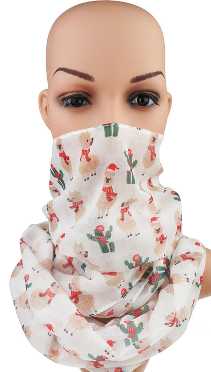 Soft Lightweight Sheer Fall Winter Christmas Infinity Scarf for Women, Cozy Holiday Gift for Girls Teens White Llama and Cactus