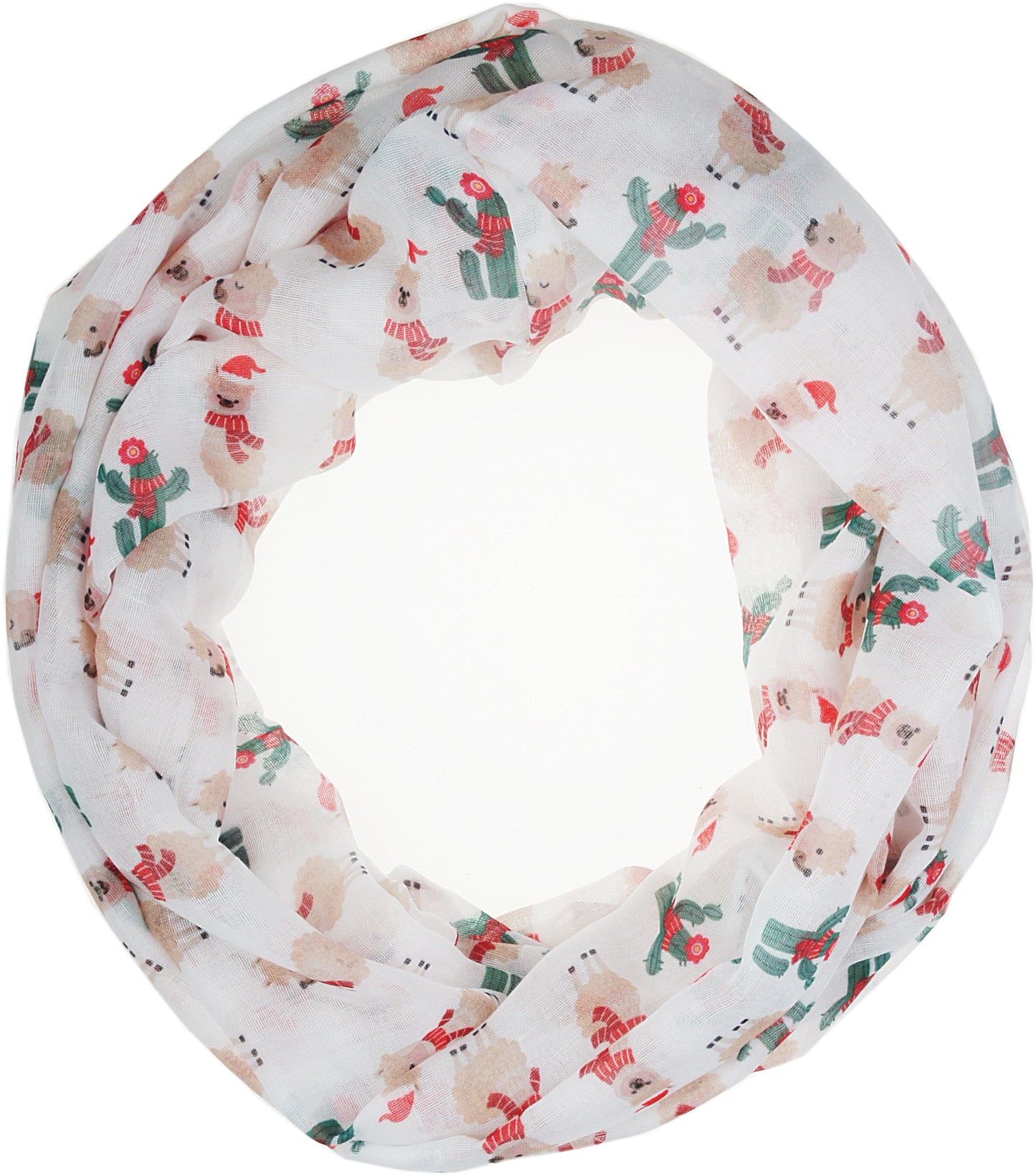Soft Lightweight Sheer Fall Winter Christmas Infinity Scarf for Women, Cozy Holiday Gift for Girls Teens White Llama and Cactus