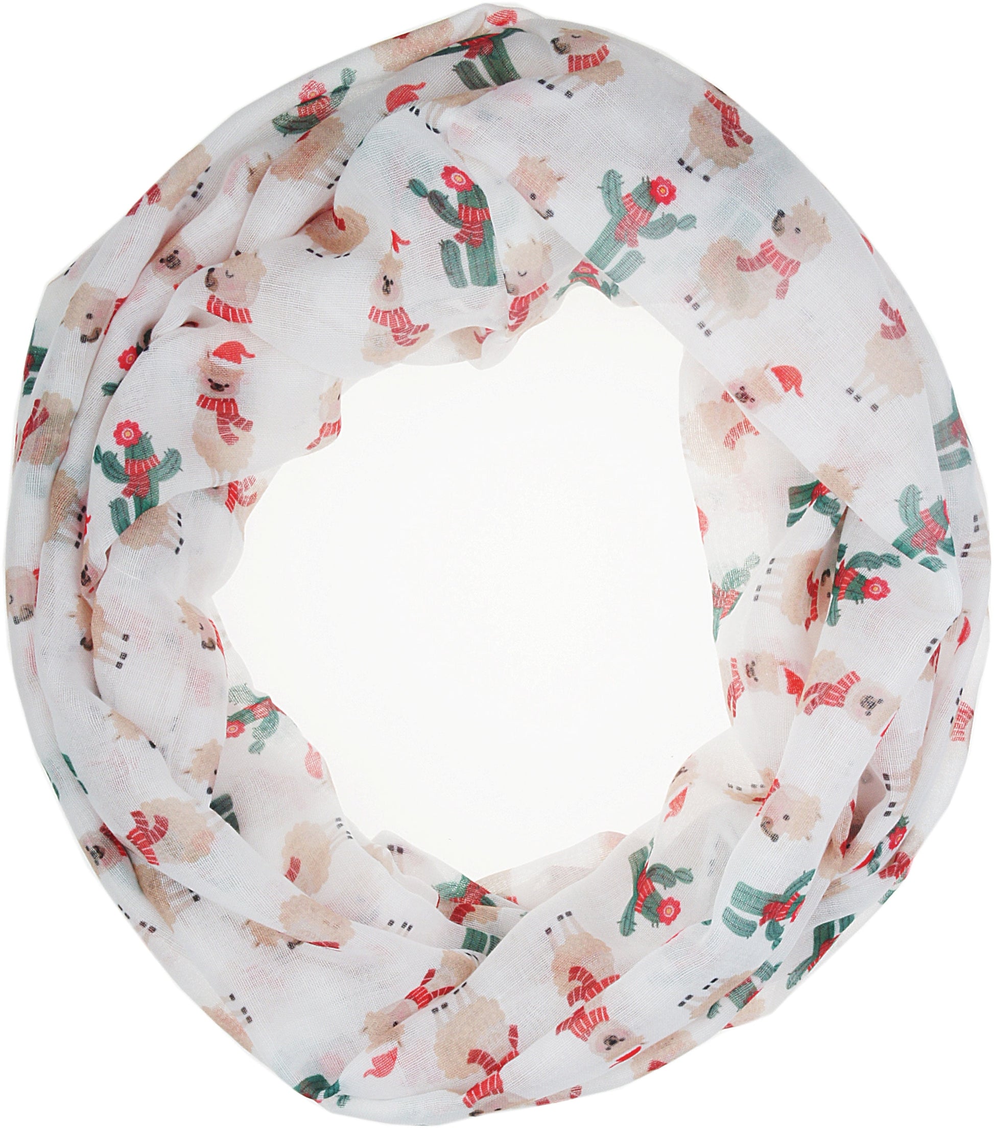 Soft Lightweight Sheer Fall Winter Christmas Infinity Scarf for Women, Cozy Holiday Gift for Girls Teens White Llama and Cactus