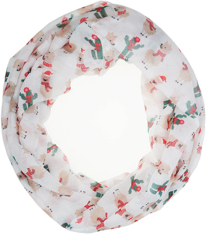 Soft Lightweight Sheer Fall Winter Christmas Infinity Scarf for Women, Cozy Holiday Gift for Girls Teens White Llama and Cactus