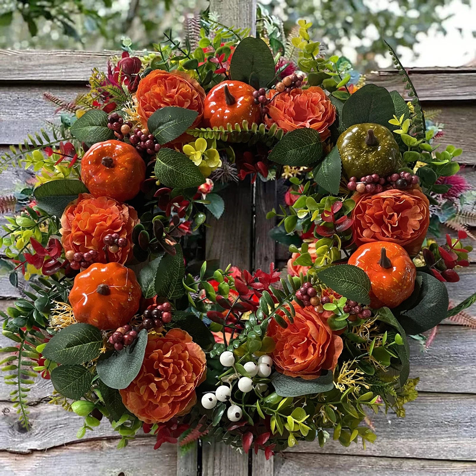 Artificial Fall Wreath Peony Pumpkin Maple Leaves Wreath Fall Harvest Wreaths for Thanksgiving Halloween Front Door Wall Decor