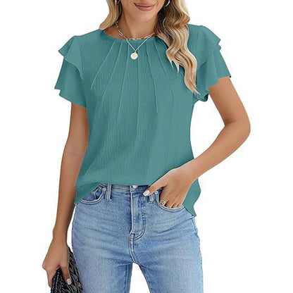 Women Ruffle Short Sleeve Shirts Dressy Casual Crewneck Tops