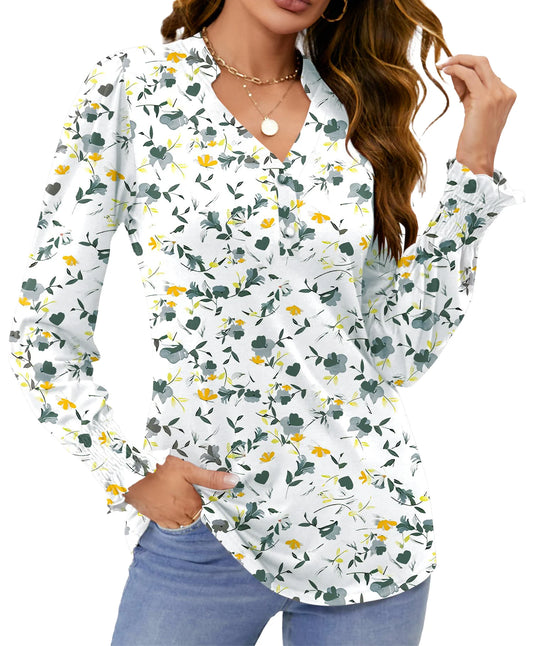 Womens Tops Dressy Blouses V Neck Puff Long Sleeve Tunic Tops Button Fall Shirts