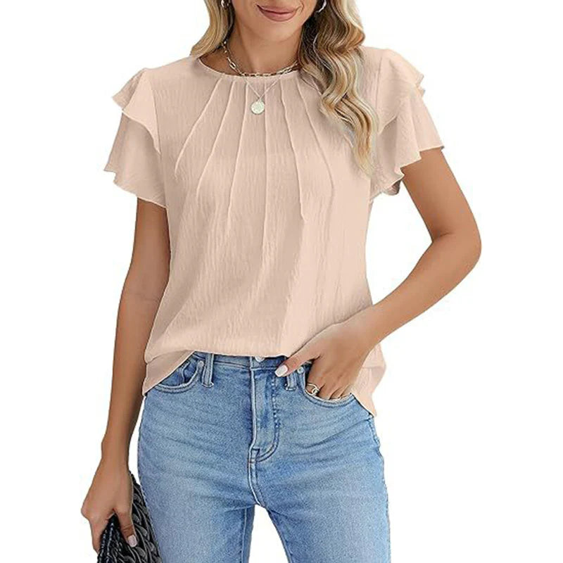 Women Ruffle Short Sleeve Shirts Dressy Casual Crewneck Tops