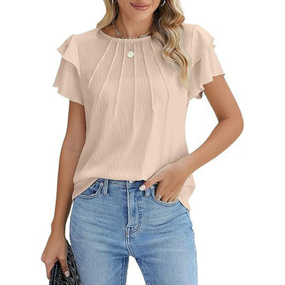 Women Ruffle Short Sleeve Shirts Dressy Casual Crewneck Tops
