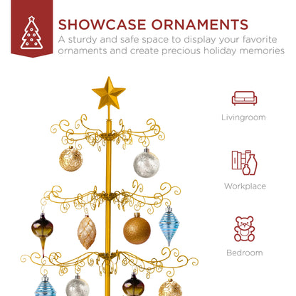 6Ft Wrought Iron Ornament Display Christmas Tree W/ Easy Assembly, Stand - Gold